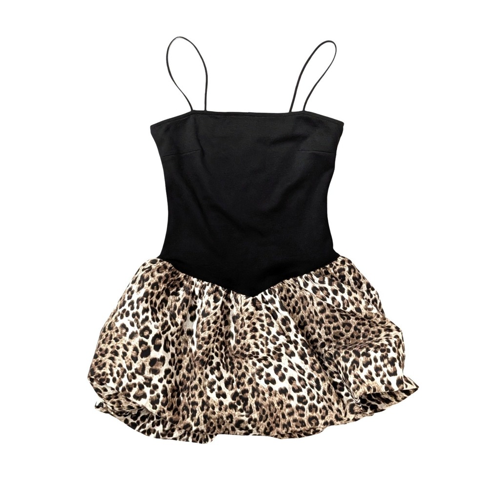 No Comment Leopard Bubble Hem Mini Dress Black Spaghetti Strap Cocktail Size M